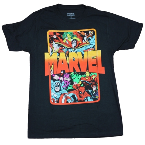 Marvel Other - Marvel Black T-Shirt with Colorful Superhero Print